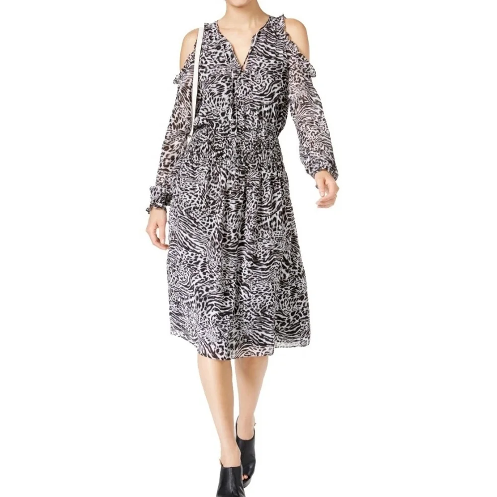 Michael Kors Black Zebra Print Cold-shoulder Smocked Fit &‎ Flare Dress Sz S NWT